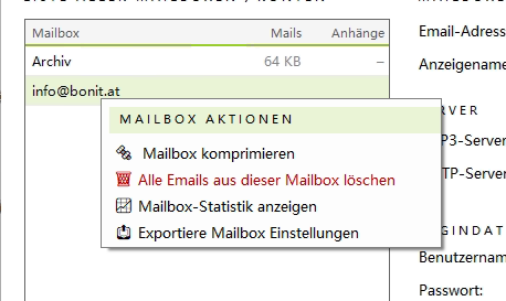 Kontextmenü Mailbox-Aktionen