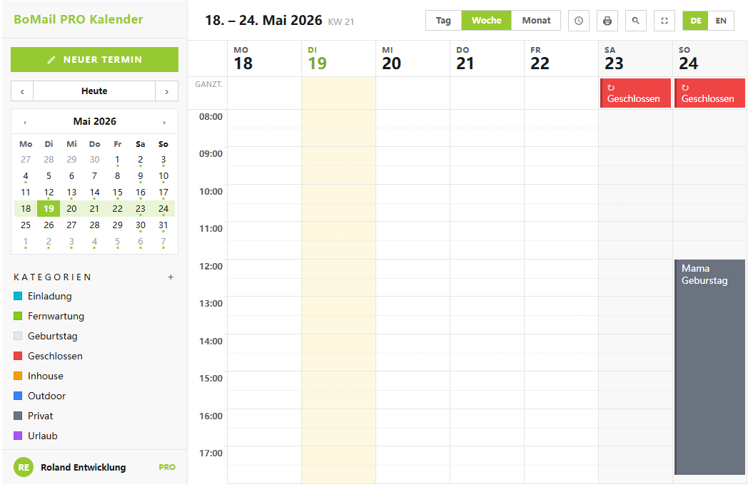 Teamkalender Hauptansicht