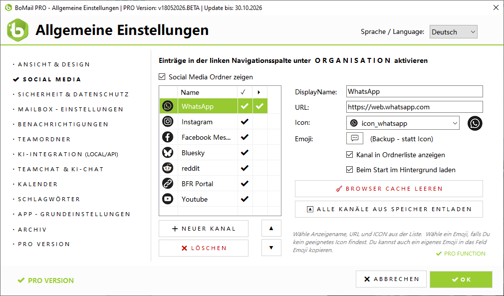 Eigene Kanäle konfigurieren