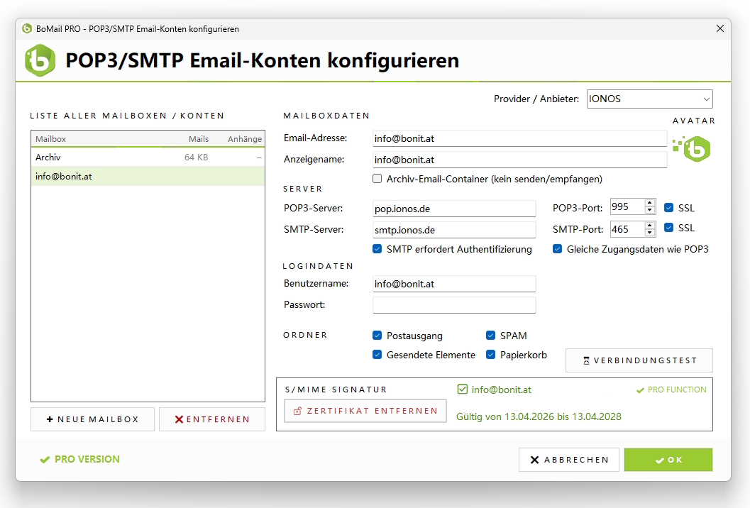 S/MIME-Zertifikat in Mailbox-Einstellungen